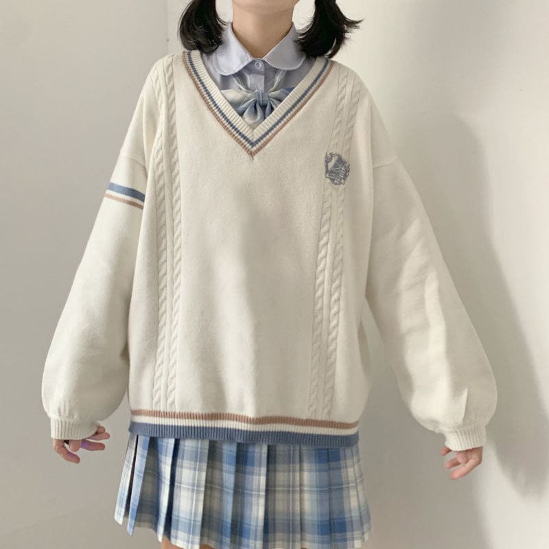 Embroidery Stripe College Style Sweater - Blue / S