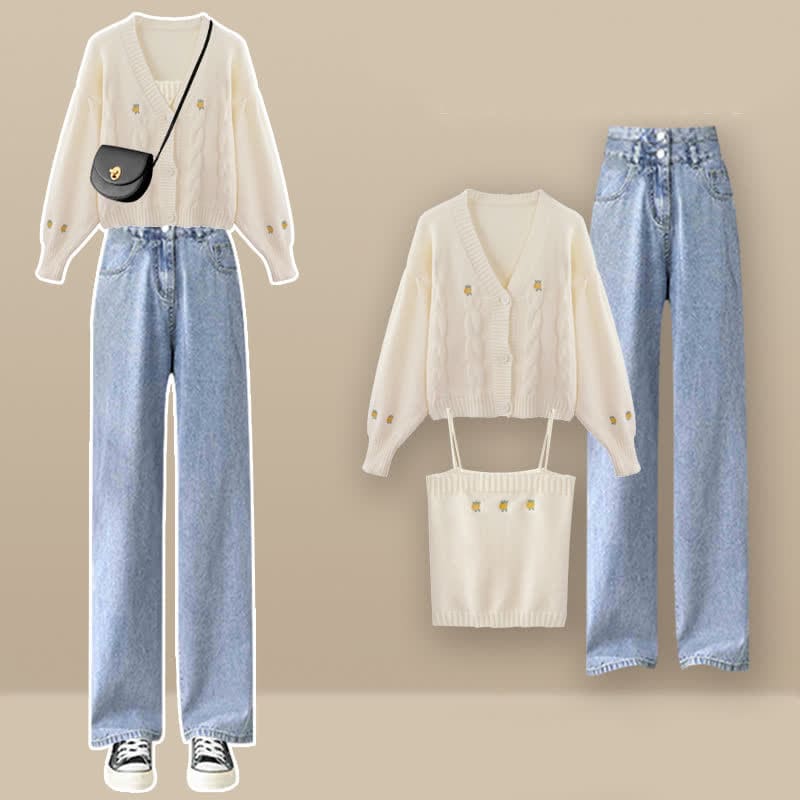 Embroidery Top Cardigan Blue Denim Pants Set - Set / M