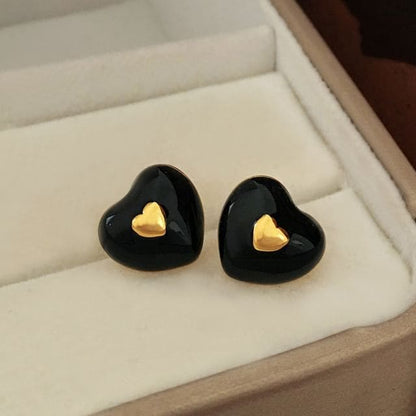 Enamel Heart Stud Earring - 1 Pair - Black / One Size