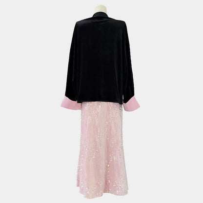 Enchanting Buckle Shirt Sequin Decor Pink Fishtail Skirt