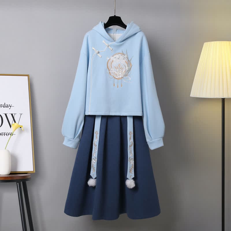 Exquisite Embroidery Buckle Long Sleeve Plush Hoodie Skirt