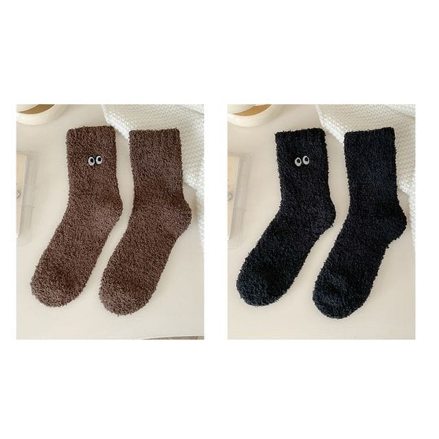 Eye Embroidered Socks Set - Set of 2 Pairs - Dark Coffee &