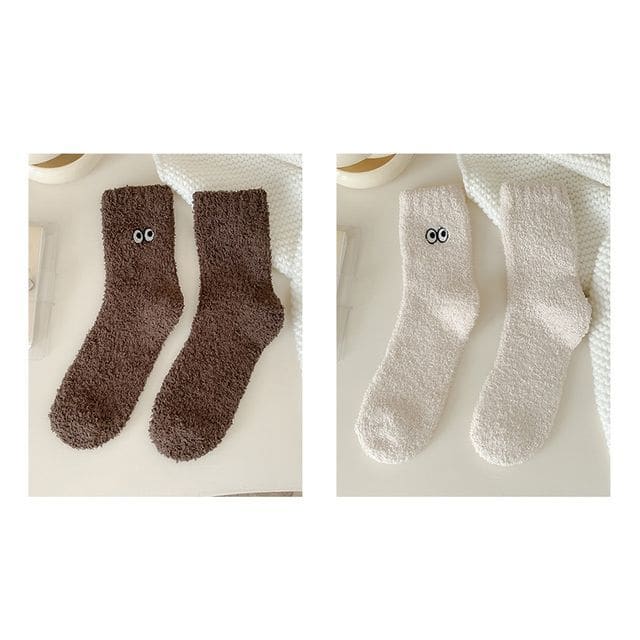 Eye Embroidered Socks Set - Set of 2 Pairs - Dark Coffee &