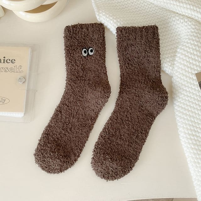 Eye Embroidered Socks Set - Set of 2 Pairs - Dark Coffee