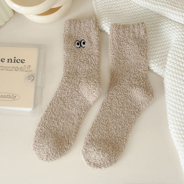 Eye Embroidered Socks Set - Set of 2 Pairs - Light Coffee