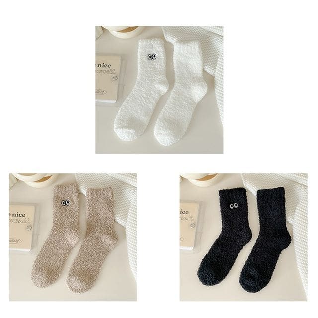 Eye Embroidered Socks Set - Set of 3 Pairs - White & Light