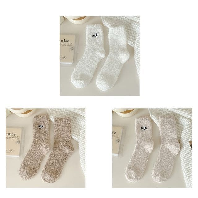 Eye Embroidered Socks Set - Set of 3 Pairs - White & Light