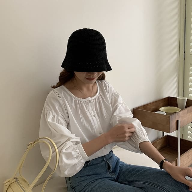 Eyelet Straw Bucket Hat - Black / One Size