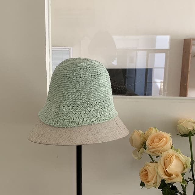 Eyelet Straw Bucket Hat - Green / One Size