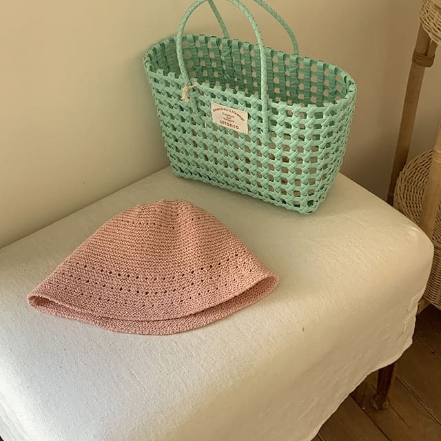 Eyelet Straw Bucket Hat - Pink / One Size