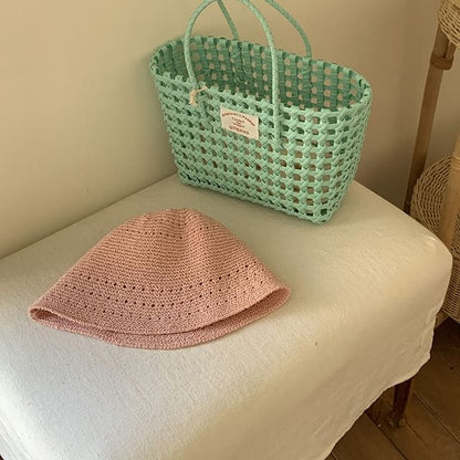 Eyelet Straw Bucket Hat - Pink / One Size