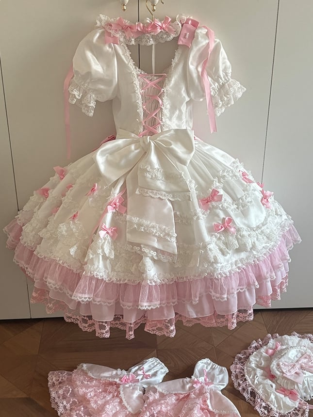 with Pink White Sweet Dress High Waist Lolita Bow Accents Detachable Sleeves Princess