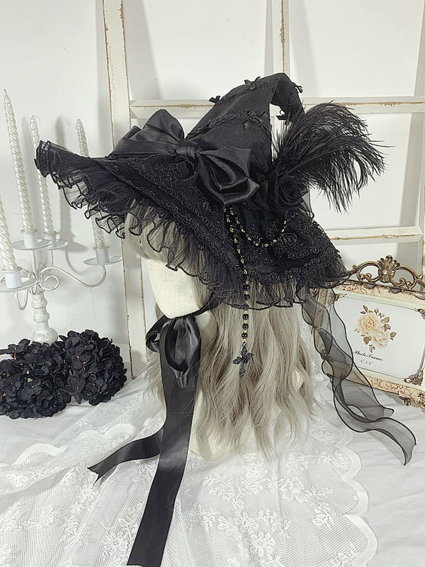 Cross Chain Black Halloween Witch Hat - Black / Free Size