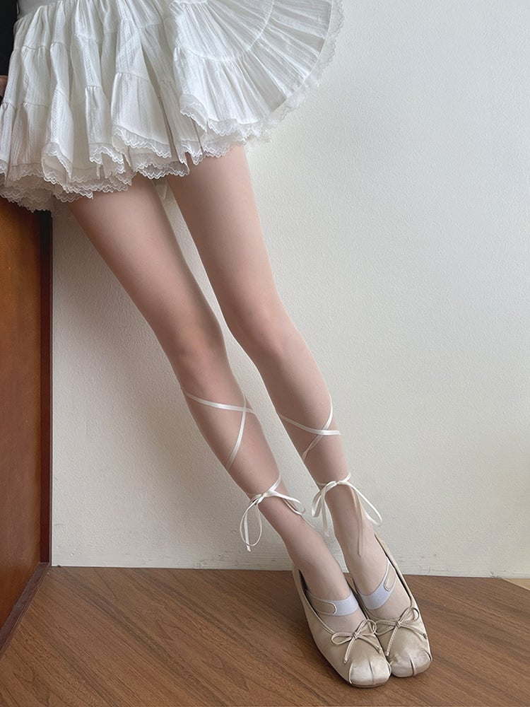 Semi-sheer Lolita Self-tie White Straps Tights
