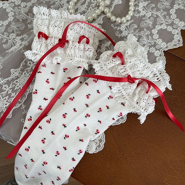 Bowknot Black/White Calf Floral Details Lace Socks Trim Pattern