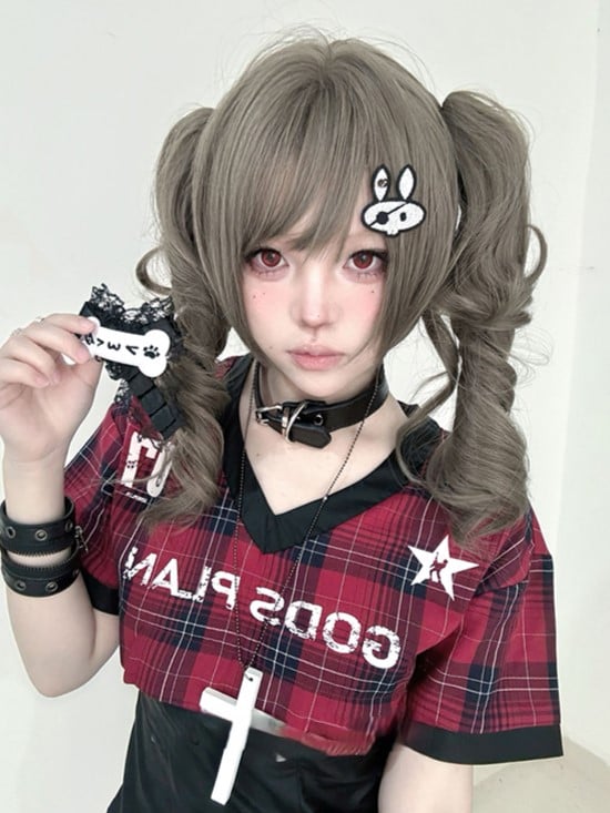 Clips Brown 30CM Double Synthetic Ponytail Length Claw Wig With Gray