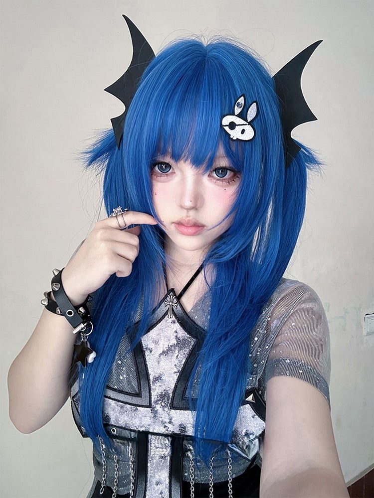 Straight Length 63CM Blue Full Wig With Bangs