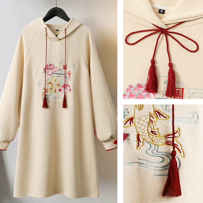 Vintage Fish Embroidery Hooded Dress