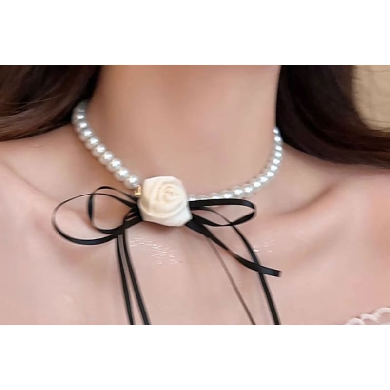 Fabric Ribbon Faux Pearl Choker