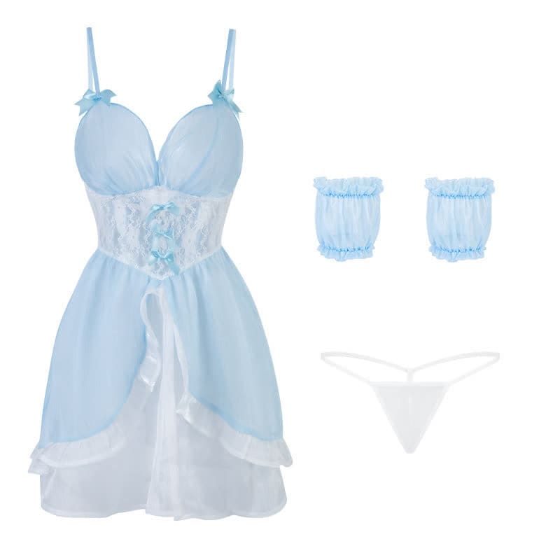 Fairy Blue Maid V-neck Slip Lingerie Dress Stockings Set