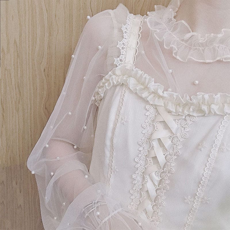 Fairy Pearl Decor Tulle Flouncing Sleeve Cardigan Shirt