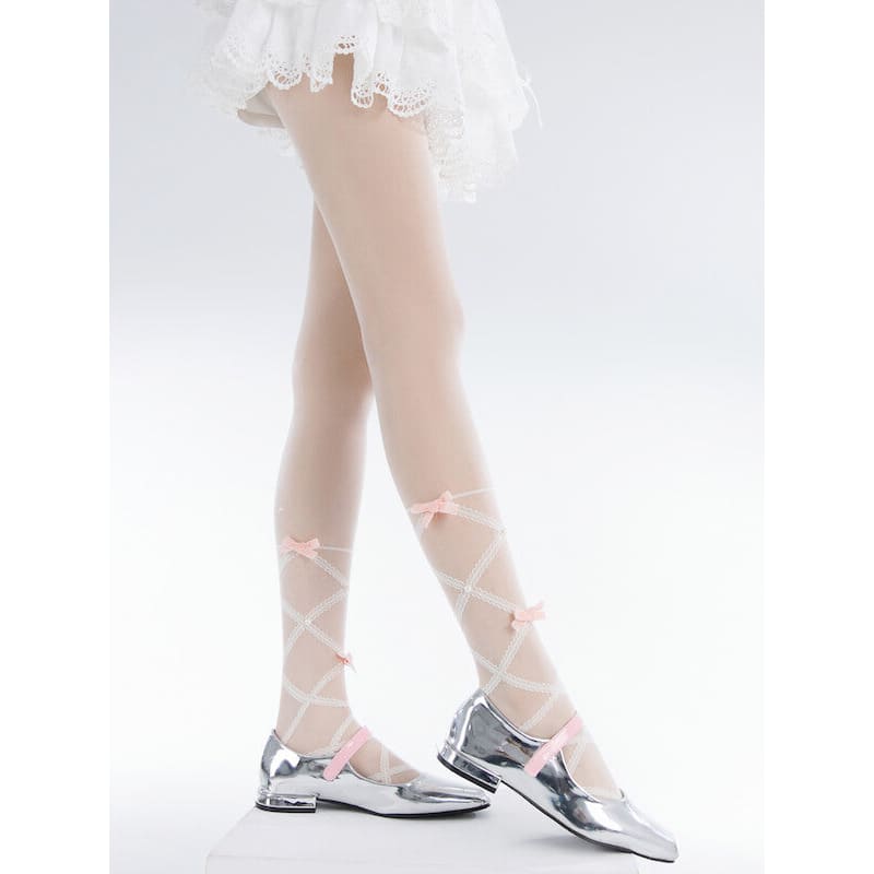 Fairy Pink Bow Lace Tights - White - Tights