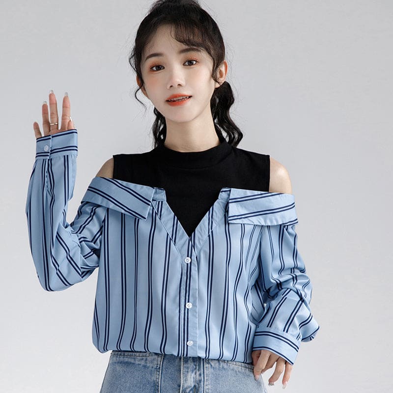 Fake Two Piece Striped Strapless Shirt