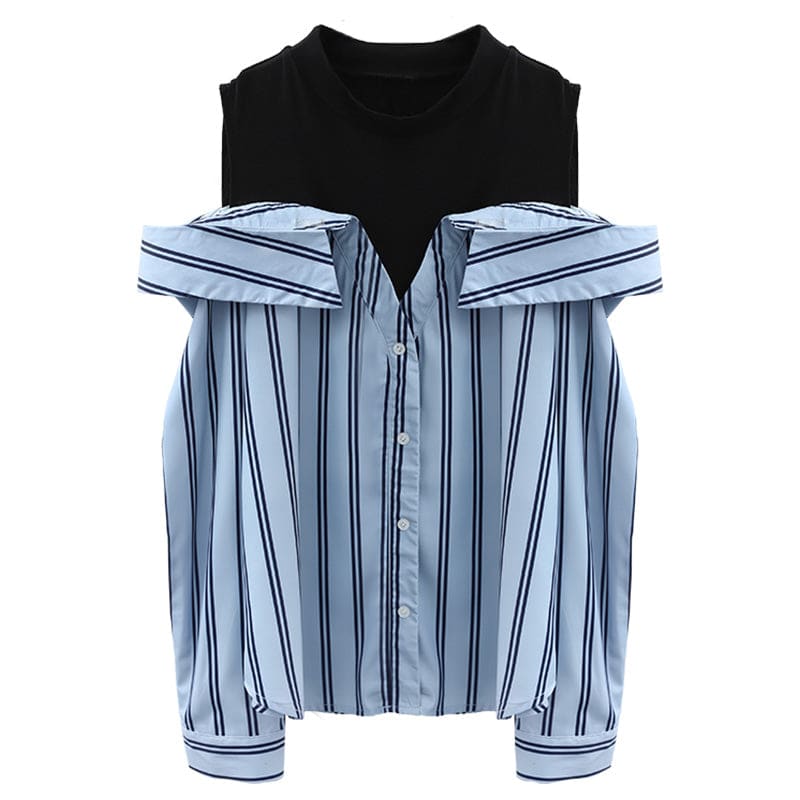 Fake Two Piece Striped Strapless Shirt - Blue / S