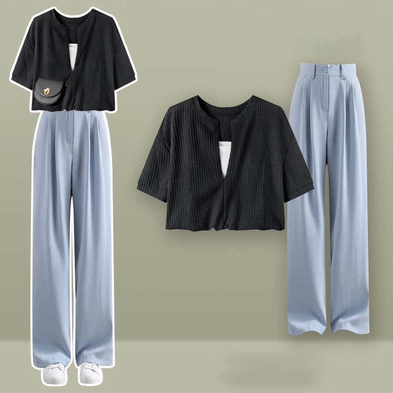 Fake Two Pieces Crop Top T-Shirt Casual Pants Set