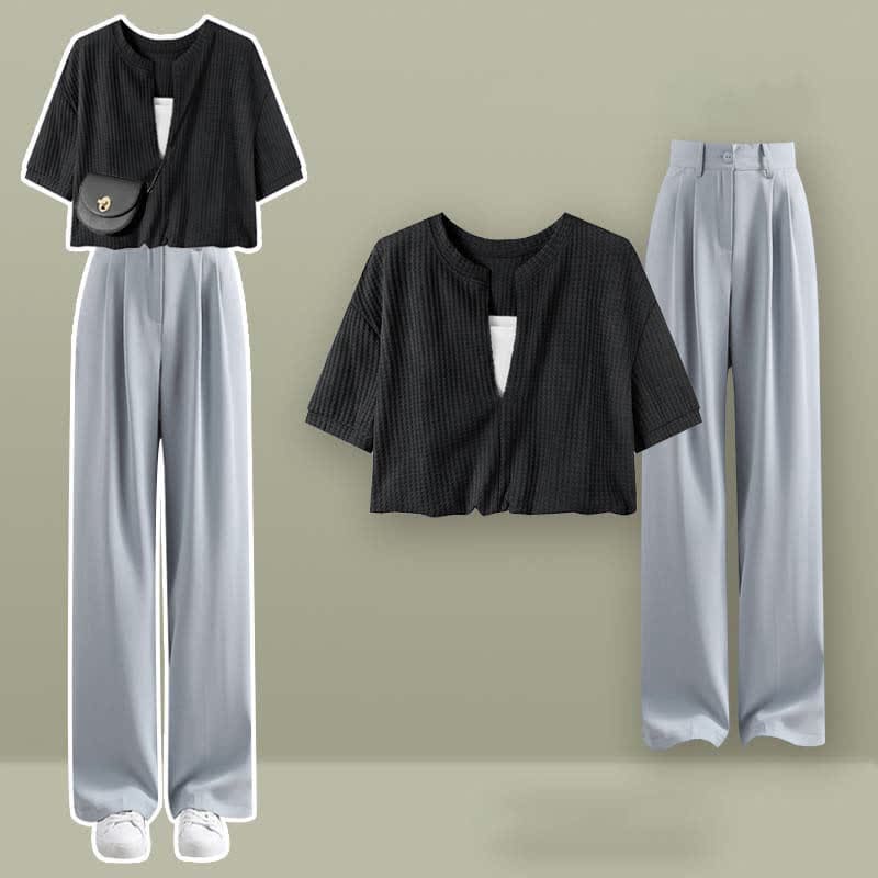 Fake Two Pieces Crop Top T-Shirt Casual Pants Set - Set D