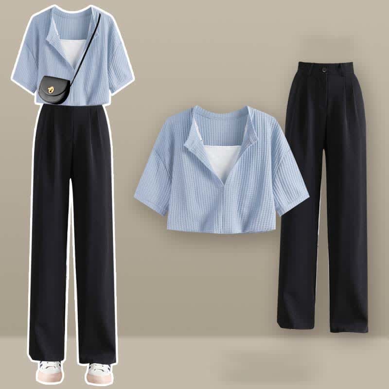 Fake Two Pieces Crop Top T-Shirt Casual Pants Set - Set E