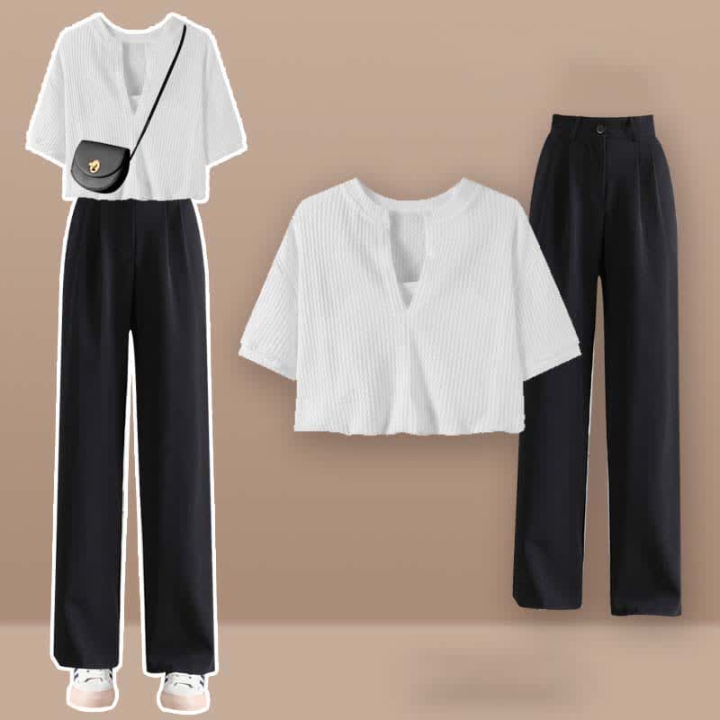 Fake Two Pieces Crop Top T-Shirt Casual Pants Set - Set F