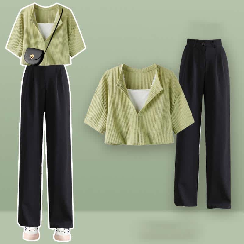 Fake Two Pieces Crop Top T-Shirt Casual Pants Set - Set