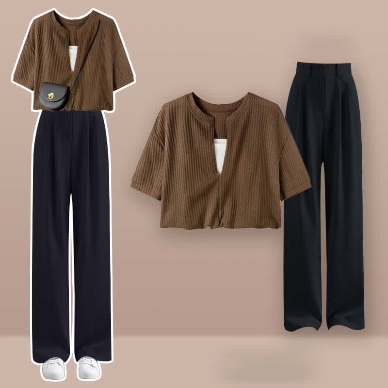 Fake Two Pieces Crop Top T-Shirt Casual Pants Set - Set J