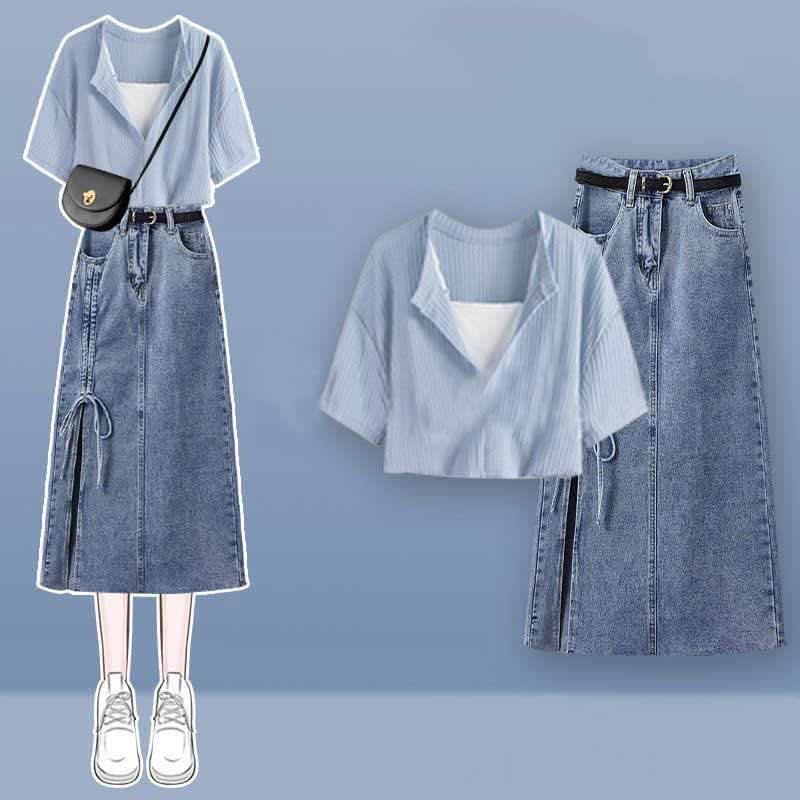 Fake Two Pieces Crop Top T-Shirt Split Denim Skirt - Blue