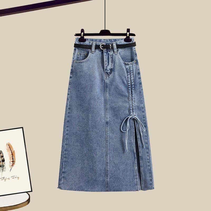 Fake Two Pieces Crop Top T-Shirt Split Denim Skirt - Skirt