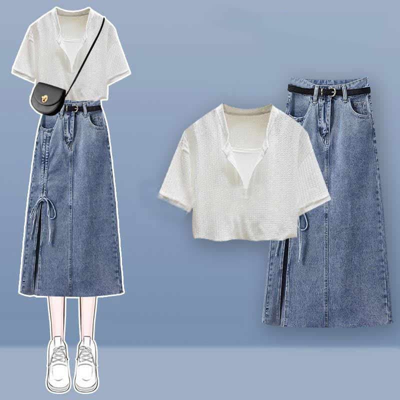 Fake Two Pieces Crop Top T-Shirt Split Denim Skirt - White