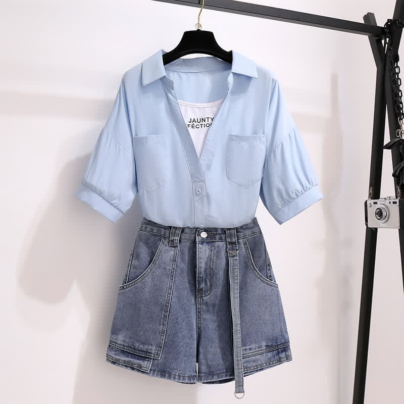 Fake Two Pieces Lapel T-Shirt Pocketed Denim Shorts - Blue