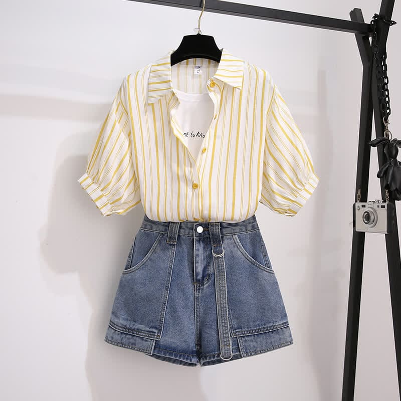 Fake Two Pieces Stripe Lapel T-Shirt Pocketed Denim Shorts