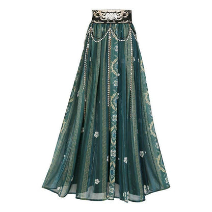 Fascinating Embroidery Top Pearl Chain Decor High Waist