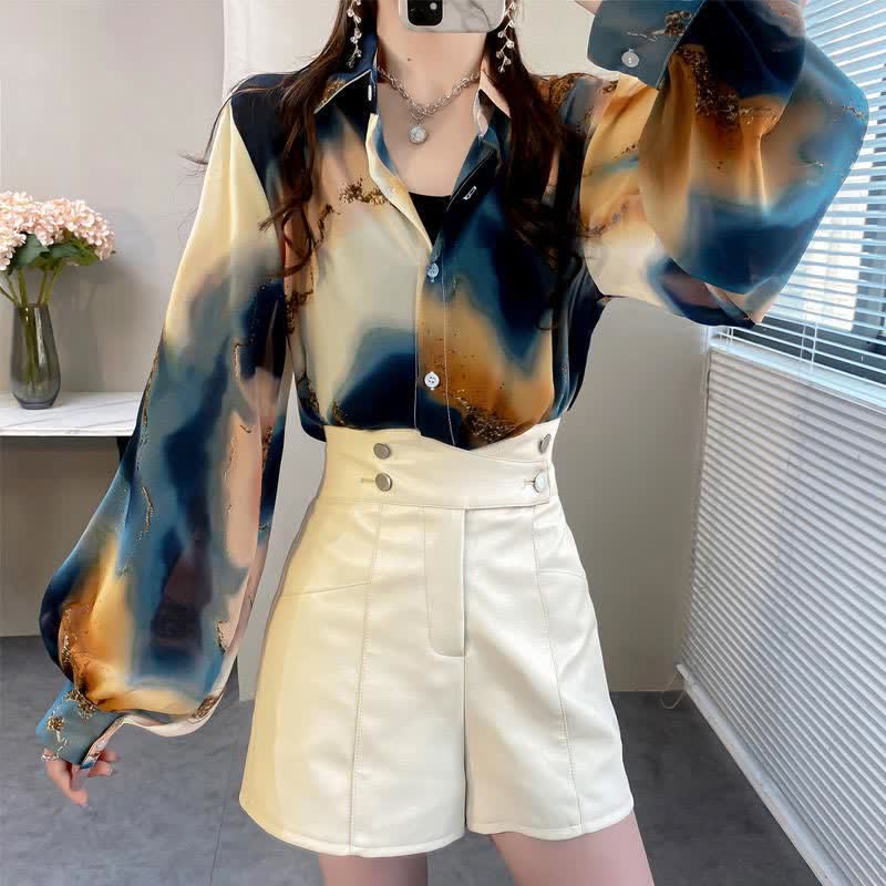 Fashion Colorblock Tie-dye Print Puff Sleeve Shirt