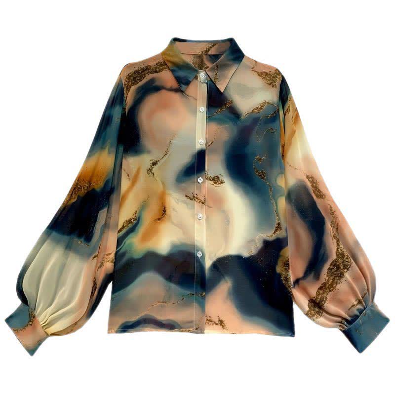 Fashion Colorblock Tie-dye Print Puff Sleeve Shirt - Dark