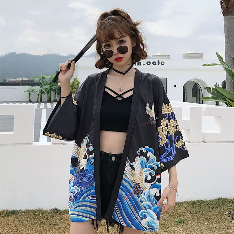 Fashion Crane Blossom Print Cardigan Outerwear