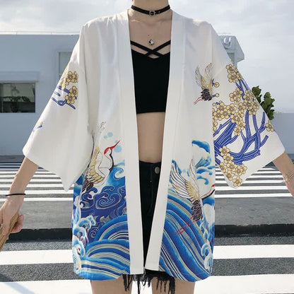 Fashion Crane Blossom Print Cardigan Outerwear