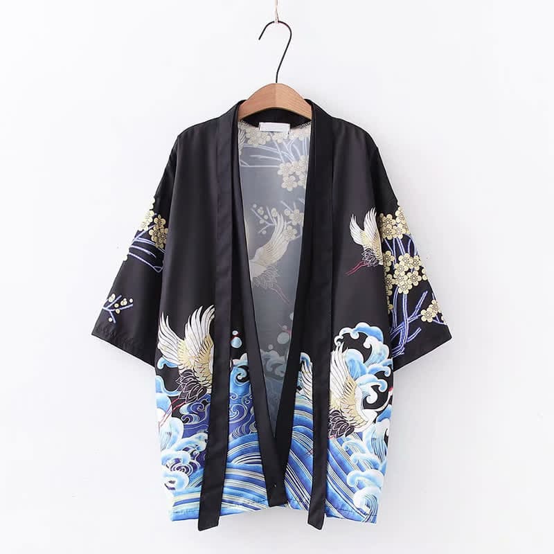 Fashion Crane Blossom Print Cardigan Outerwear - Black