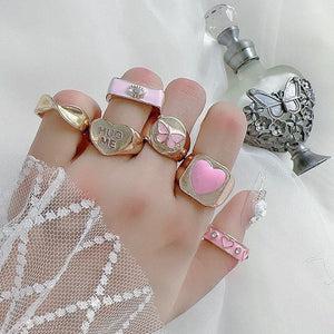 Fashion Pink Heart Rings 6 pieces SpreePicky