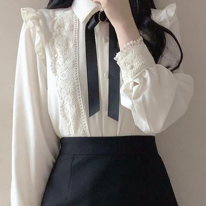 Fashion Ruffled Single Breasted Button White Blouse MK16134