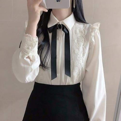 Fashion Ruffled Single Breasted Button White Blouse MK16134