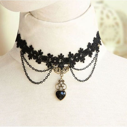 Faux Crystal Lace Necklace - 02 - Black / One Size