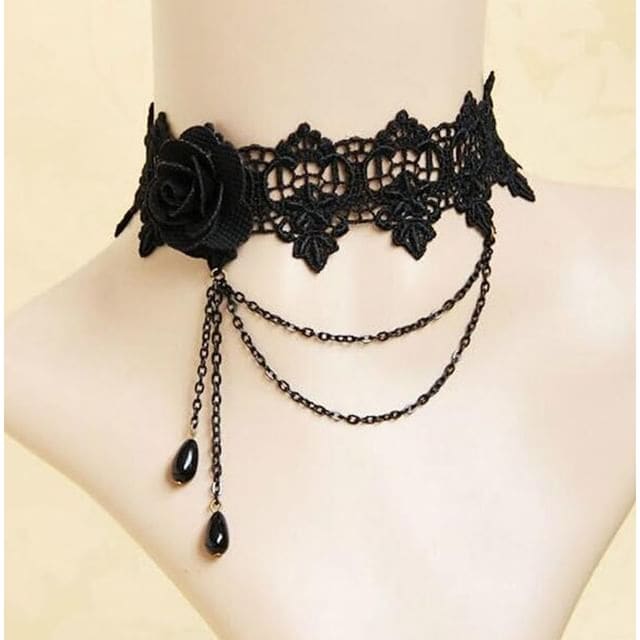 Faux Crystal Lace Necklace - 04 - Black / One Size